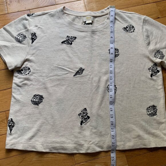 Maeve by Anthropologie Cream Seashell Embroidered Tee, Size Large - Picture 6 of 9